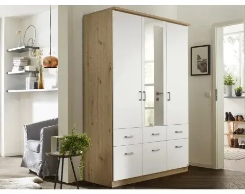 Šatní skříň se zrcadlem Bremen, 136 cm, dub artisan/bílá