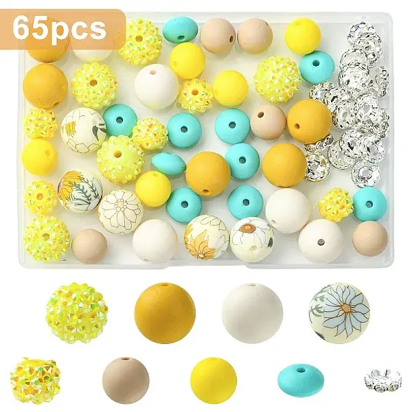 65Pcs 9 Styles Round & Rondelle Resin Rhinestone & Silicone & Brass Crystal Rhinestone Spacer Beads Findings Kits