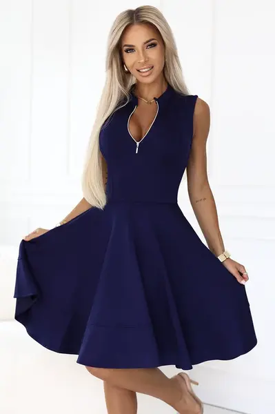 573-2 Exclusive dress with flared bottom and gold zipper - navy blue