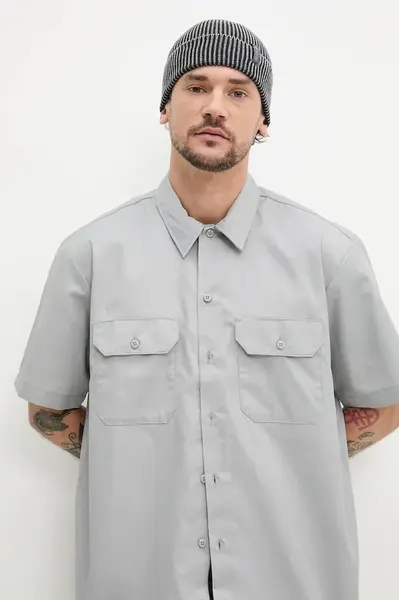 Košile Dickies pánská, šedá barva, regular, s klasickým límcem