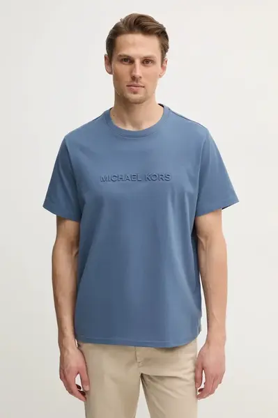 Bavlněné tričko Michael Kors modrá barva, s aplikací, CF4529H1V2