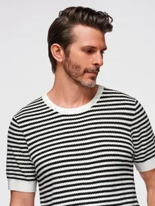 Ombre Men's knitted t-shirt with navy stripes and openwork weave - black and white