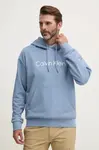 Bavlněná mikina Calvin Klein pánská, tyrkysová barva, s kapucí, s aplikací