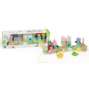 Teddies Vlak + 2 vagóny jungle drevo ťahacia stavebnica 27 dielikov v krabici 38x12x8cm 12m+