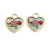 Brass Enamel & Natural Pearl Heart with Rose Flower Pendants