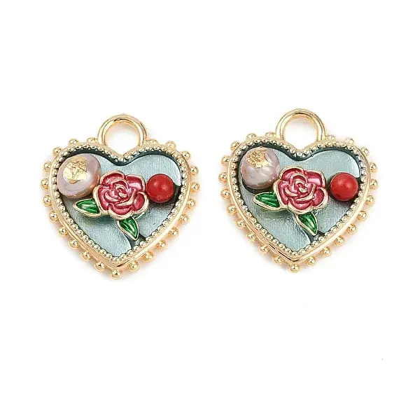 Brass Enamel & Natural Pearl Heart with Rose Flower Pendants