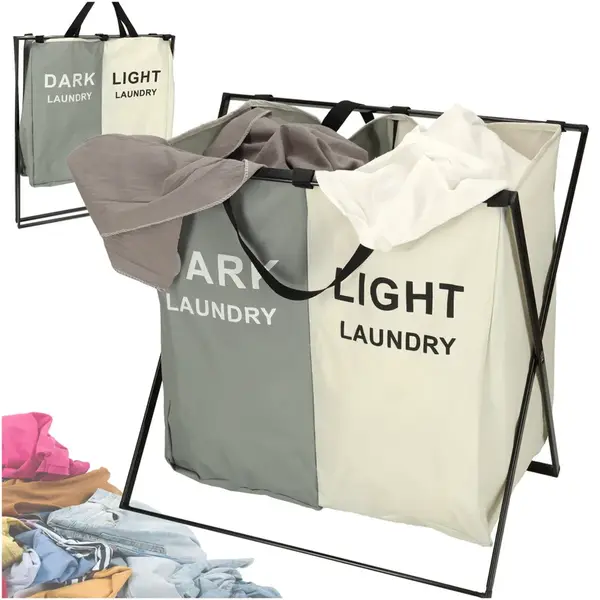 Dvojkomorový kôš na bielizeň s hliníkovým rámom – triediaci organizér na svetlé a tmavé prádlo