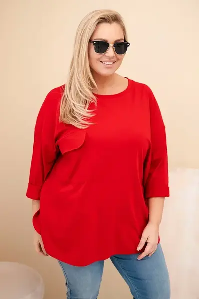 Kesi Włoski Dámská blůza Plus Size s bavlnou, kapsou a ohrnutým rukávem červená