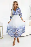 605-1 Feminine airy midi dress with envelope neckline and pleats – light blue with wildflowers
