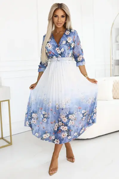 605-1 Feminine airy midi dress with envelope neckline and pleats – light blue with wildflowers
