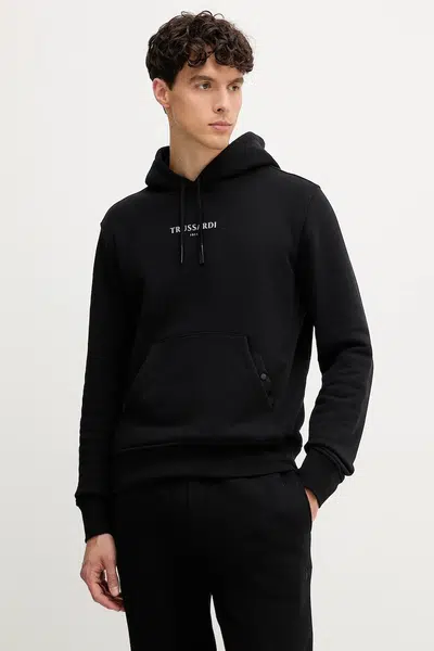 Bavlněná mikina Trussardi pánská, černá barva, s kapucí, s potiskem, G8108000056N