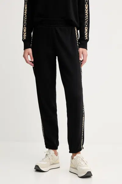 Bavlněné tepláky Dkny dámské, černá barva, s aplikací, DP5P3719