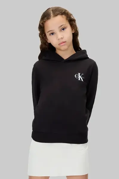 Dětská bavlněná mikina Calvin Klein Jeans černá barva, s kapucí, s potiskem, IU0IU00712