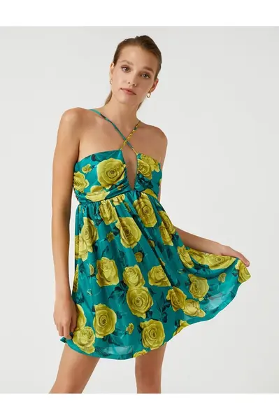 Kvetinové minišaty Koton s ohlávkovým výstrihom