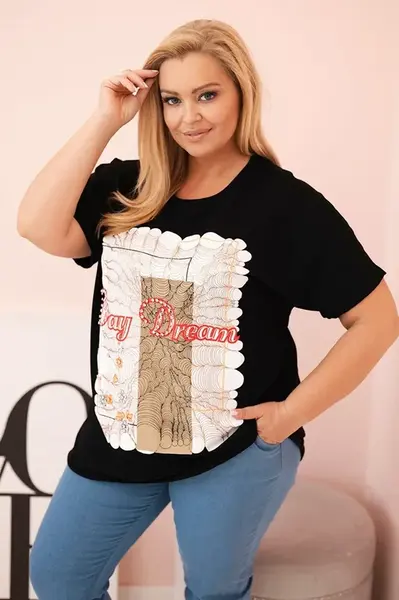 Kesi Włoski Dámská bavlněná halenka Plus Size s potiskem „Day Dream“ bílá + camel