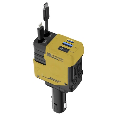 A1 66W 4 in 1 Car Phone Charger with Retractable Cable 180Â° Free Adjustment USB/Type-C Dual Interface & PD Fast Charge - Yellow