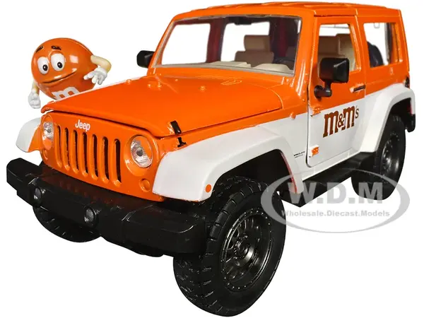 2007 Jeep Wrangler Orange Metallic and White and Orange M&amp;M Diecast Figure "M&amp;Ms" "Hollywood Rides" Series 1/24 Diecast Model Car by Jada