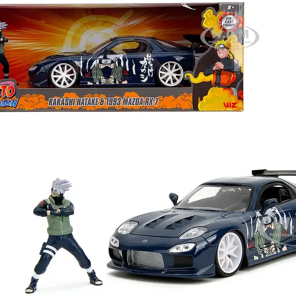 1993 Mazda RX-7 Dark Blue with Graphics and Kakashi Hatake Diecast Figure "Naruto Shippuden" (2009-2017) TV Series "Anime Hollywood Rides" Series 1/2
