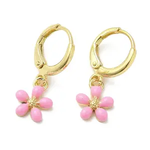 Flower Golden Brass Dangle Leverback Earrings