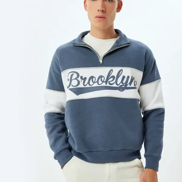 Koton College Printed Half Zipper Color Block Raised Cotton Blend Oversize Sweatshirt