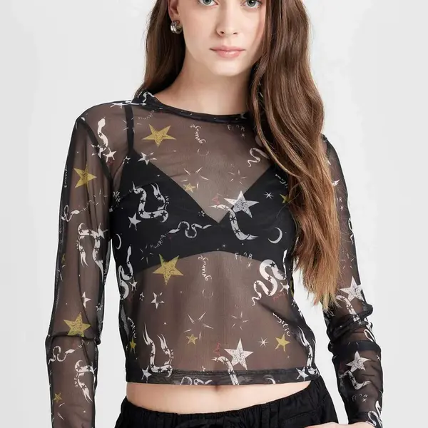 DEFACTO Cool Fitted Body Patterned Tulle Short Sleeve Black T-Shirt