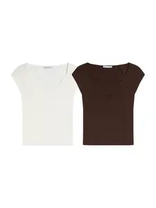 Bershka Tričko  čokoládová / biela