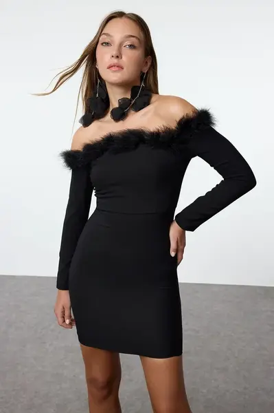 Trendyol Body-fitting Carmen Collar with Otrish Detail Woven Stylish Mini New Year's Eve Evening Dress