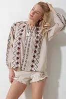Trend Alaçatı Stili Women's Beige Slit Collar Full Embroidered Woven Blouse
