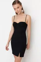 Trendyol černé vypasované tkané elegantní večerní šaty s podšívkou