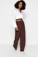 Trendyol Brown Wide Leg/Relaxed Cut High Waist Stretchy Trousers