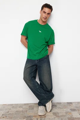 Trendyol Green Oversize/Wide Cut Dinosaur Embroidered 100% Cotton T-Shirt