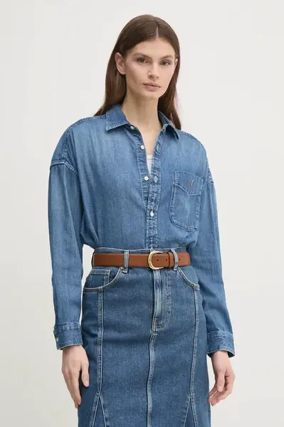 Džínová košile Polo Ralph Lauren dámská, modrá barva, relaxed, s klasickým límcem, 211969398