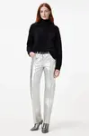 Kožené kalhoty AllSaints SAIGE dámské, stříbrná barva, jednoduché, medium waist, W047TB