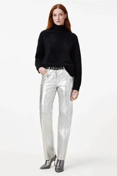 Kožené kalhoty AllSaints SAIGE dámské, stříbrná barva, jednoduché, medium waist, W047TB