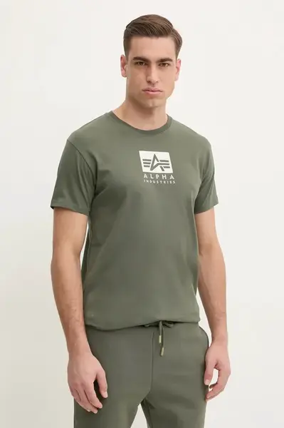 Bavlněné tričko Alpha Industries Satin Logo T zelená barva, s potiskem, 148513