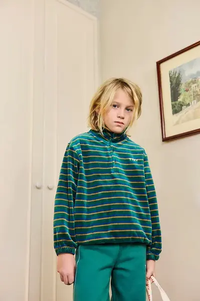 Dětská mikina Tinycottons DUO STRIPES MOCKNECK SWEATSHIRT zelená barva, vzorovaná, AW25-251