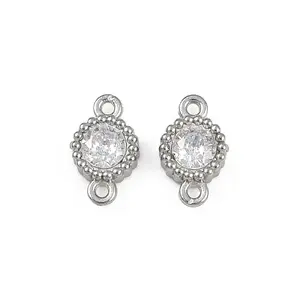 304 Stainless Steel Pave Clear Cubic Zirconia Flat Round Links Connector Charms