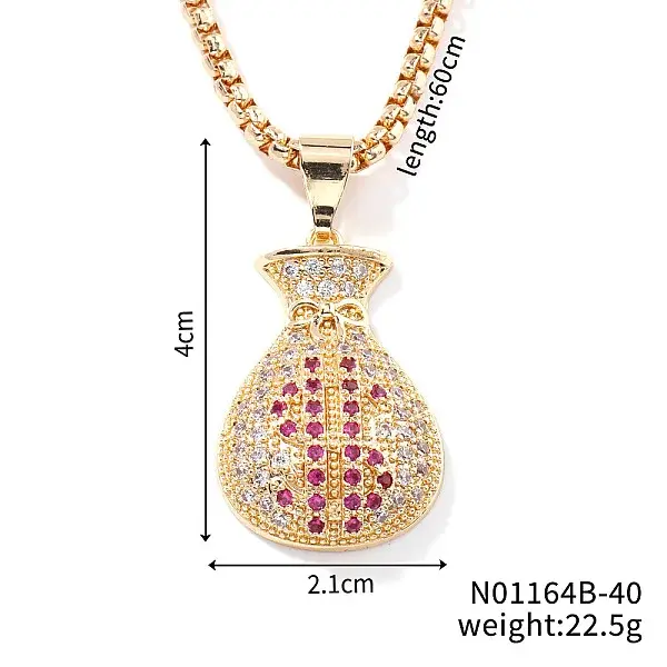 Fashion Hip-hop Street Style Brass Old Rose & Clear Cubic Zirconia Money Bag Pendant Box Chain Necklaces