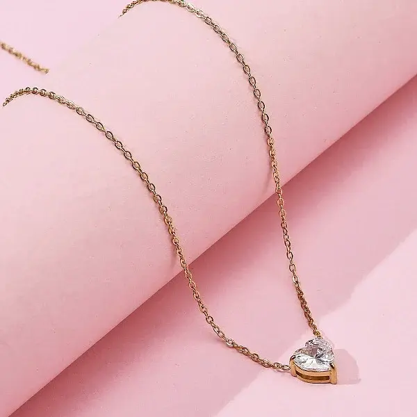 304 Stainless Steel Crystal Cubic Zirconia Heart Pendant Necklaces for Women