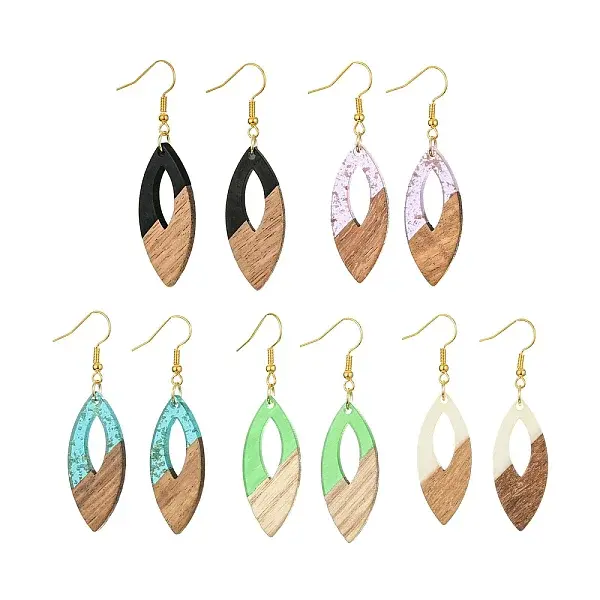 Two Tone Resin & Walnut Wood Horse Eye Dangle Earrings