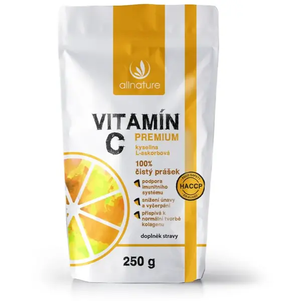 Allnature Vitamín C Premium prášok na podporu imunitného systému, pre krásnu pleť a nechty 250 g