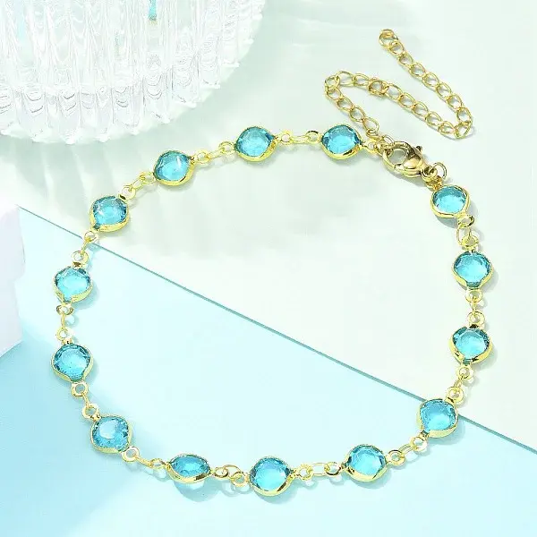 304 Stainless Steel Flat Round Acrylic Rhinestone Cup Chain Anklets for Women