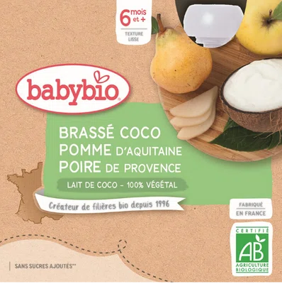 BABYBIO Svačinka s kokosovým mlékem - jablko a hruška 4 x 85 g