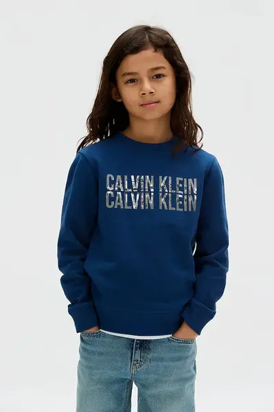 Dětská bavlněná mikina Calvin Klein Jeans modrá barva, s potiskem, IB0IB02527