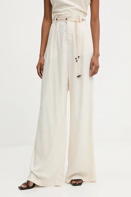 Kalhoty s lněnou směsí Answear.LAB dámské, béžová barva, široké, high waist
