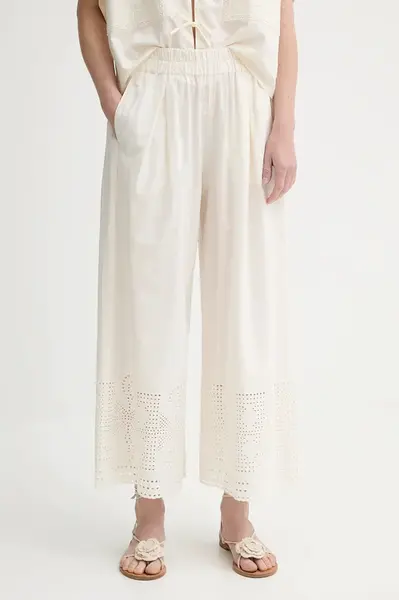 Bavlněné kalhoty Sessun dámské, béžová barva, široké, high waist, 25207013