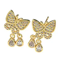 Rack Plating Brass Butterfly Dangle Stud Earrings with Cubic Zirconia for Women