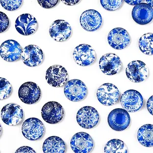 Blue and White Floral Printed Glass Cabochons