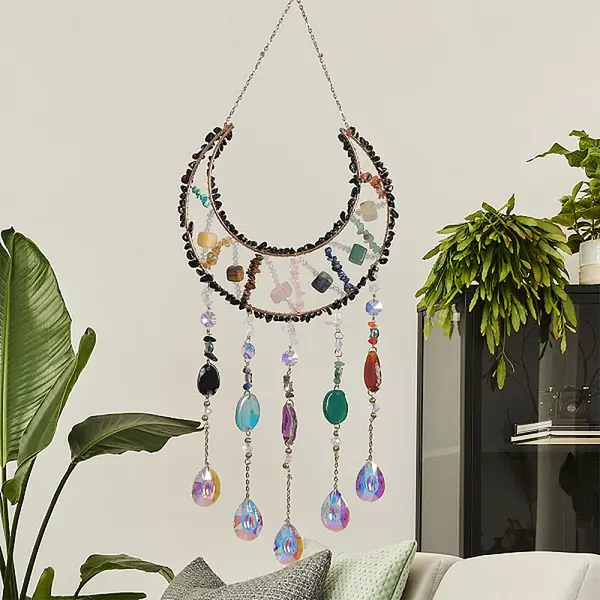 Brass Wire Wrapped Natural Mixed Gemstone Chips Moon Suncatchers