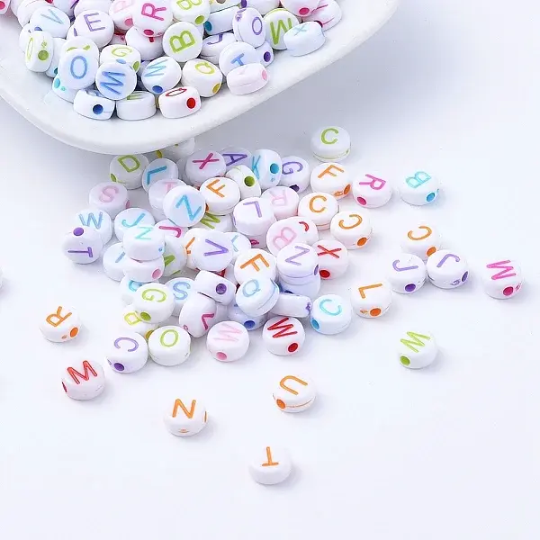 Craft Style Mixed Color Chunky Letter Acrylic Flat Round Beads for Kids Jewelry
